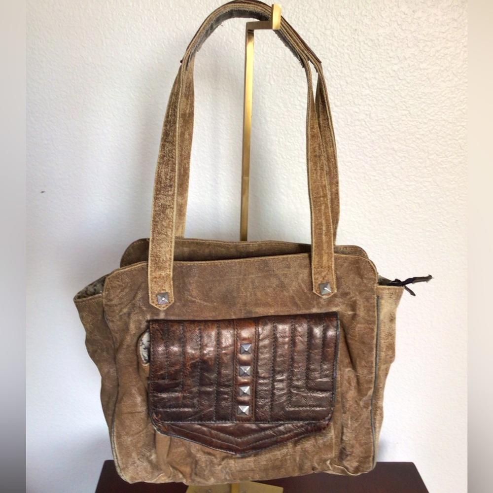 Mona B. Brown Canvas/Leather Tote Shoulder Bag